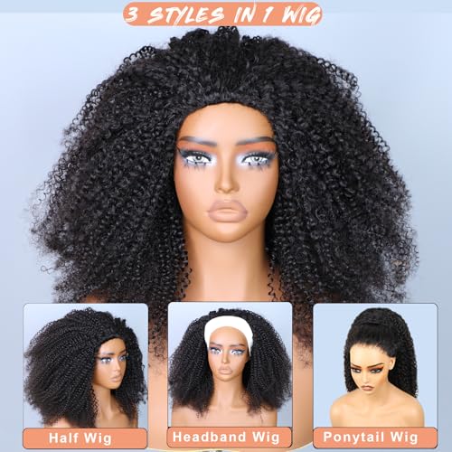 Domiso Afro Kinky Curly 3 In 1 Half Wig Human Hair Seamless Kinky Curly Flip Over Invisible Hairline Glueless Install Drawstring Band Clip in Wig No Sew In Black Color Bob Wig16 Inch