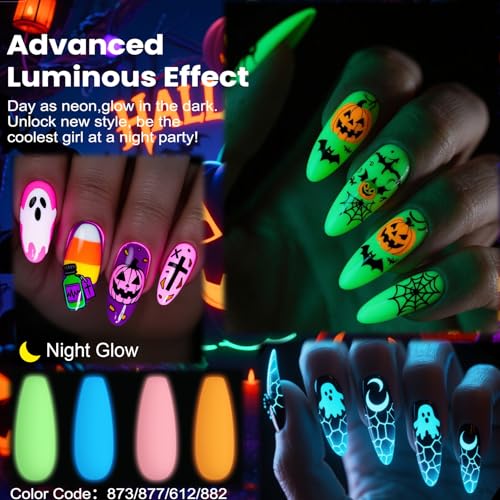 Lavender Violets 49pcs Gel Nail Polish Set 45 Colors Neon Glow in the Dark Effect with Nail Primer Builder Base Coat Glossy & Matte Top Coat Jelly Shades for Halloween Nail Art Design A950