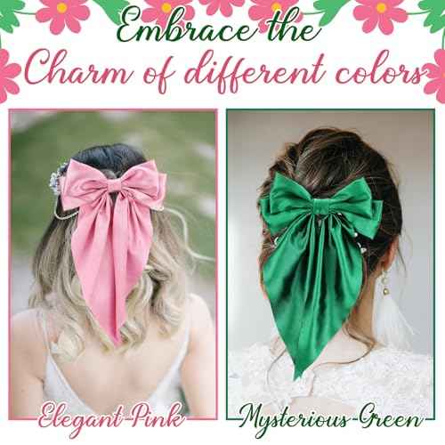 2 Pcs Witch Hair Accessories for Women Satin Pink and Green Hair Bow Clips with Long Tails and Metal Clips Bow Accessories for Princess Witch Birthday Party Decorations