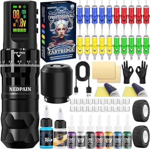 Pro Tattoo Machine Kit w/Tattoo Gun/Pen 1800mAh Battery 7 Adjustable Stroke Lengths RCA Adapter Normal/Stippling Mode 3 Speed Memory 4-12V Voltage 20 Cartridge Needles for Artists & Beginners