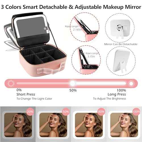 MOMIRA Travel Makeup Bag Cosmetic Bag with Lighted Mirror, Adjustable Brightness in 3 Color Scenarios, Waterproof, 10x Magnifying Mirror, Rotatable Independent Light Mirror- Pink(Solid)