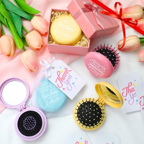 24 Pcs Employee Appreciation Gifts Bulk Folding Travel Brushes Sometimes You Forget You're Awesome Thank You Gifts Travel Mirror Hair Brush for Women Coworker Teacher Staff Team