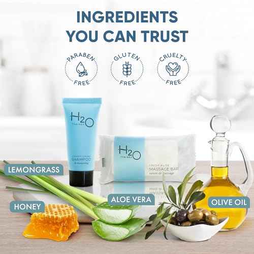 H2O Therapy Bulk Set | 1-Shoppe Amenities Kit for Hotels & Vacation Rentals | 1 oz Massage Bar & 0.85 oz Conditioning Shampoo Travel Size Tube | 100 Pieces