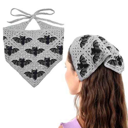 Gothic Crochet Bat Headband for Women, Halloween Christmas Knitted Triangle Bandana Scarf, Soft Vintage Hair Accessory with Adjustable Ties, bandanas for women