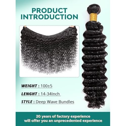 12A Deep Wave Human Hair Bundles 14 14 14 Inch Raw Curly Bundles Human Hair 100% Unprocessed 3 Bundles Brazilian Virgin Human Hair Extensions Quick Weave Natural Black Color