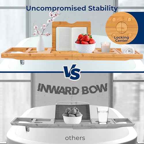 SereneLife Bathtub Tray - Expandable Bath Tray for Tub, Foldable Adjustable Bamboo Caddy with Non-Slip Handles, Device Holder and Wine Glass Slot for Bathing Luxury (Folding, Hard Back, Gift Set)