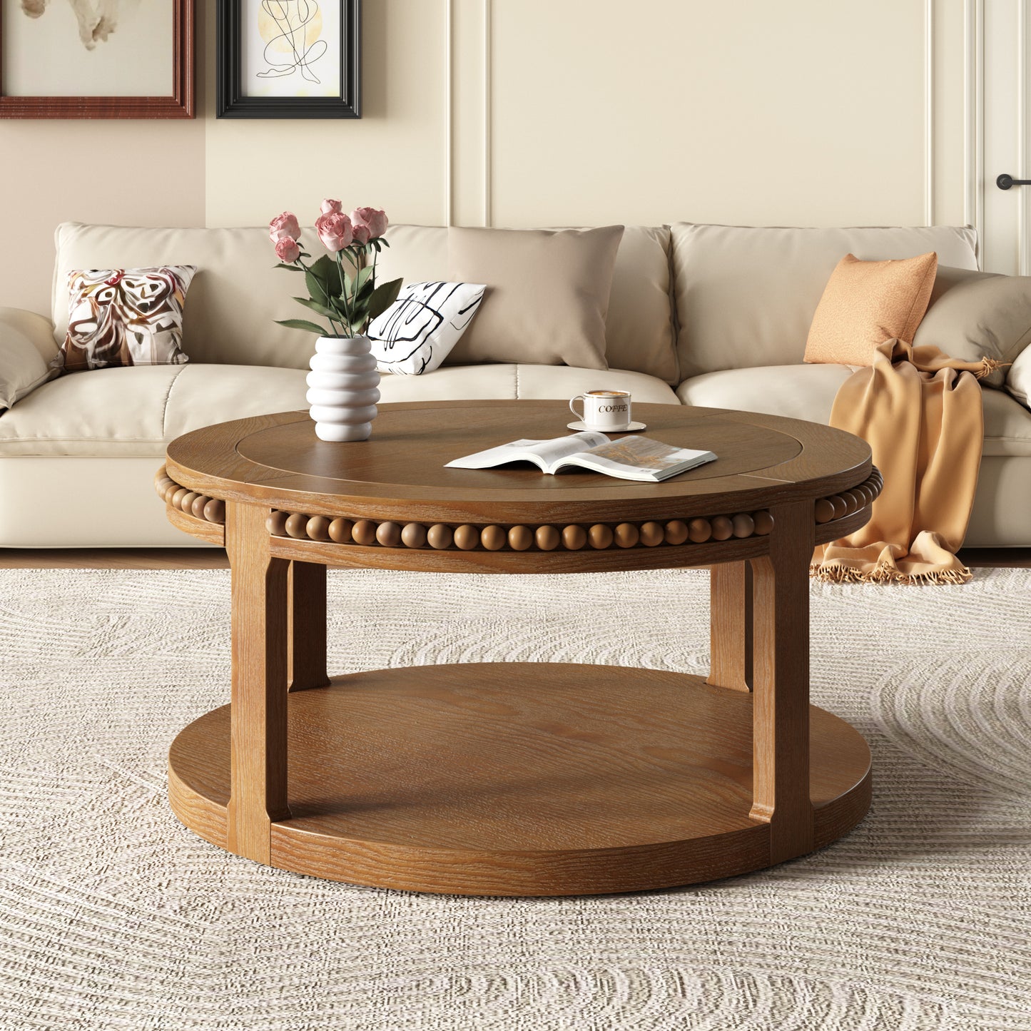 31.5 Inch Round Solid Wood Coffee Table - Two-Tier Design, Walnut