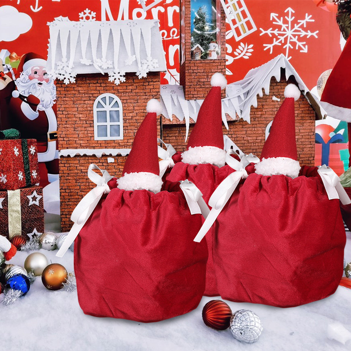 Christmas Gift Bags - Set of 5 Red & White Candy Bags