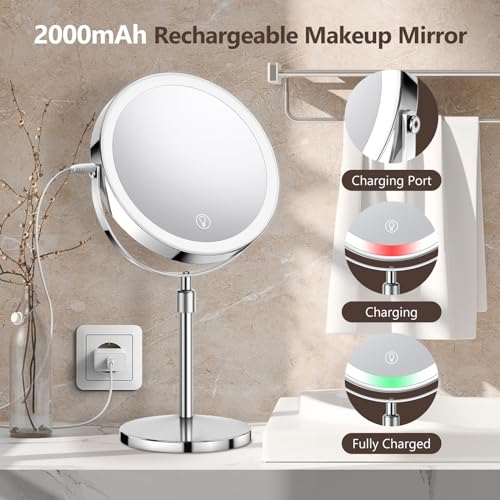 Lighted Makeup Mirror, Rechargeable Height Adjustable Double Sided, 1x/10x Magnifying with 3 Color, Brightness Adjustable, 360¡Æ Rotation Vanity, Gift for Women