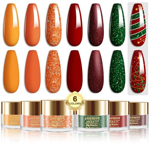 Lavender Violets Dip Powder Nail Kit, Large Capacity Set - 6 Colors Yellow Pumpkin Orange Red Green Dipping Powder for Halloween Christmas Nail Art Manicure J222