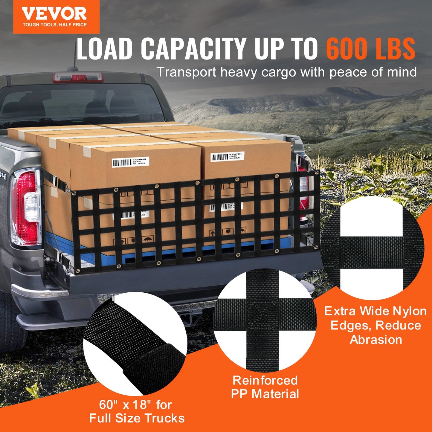 60x18 Inch Heavy Duty Pickup Truck Tailgate Net Black for Full-Size Trucks