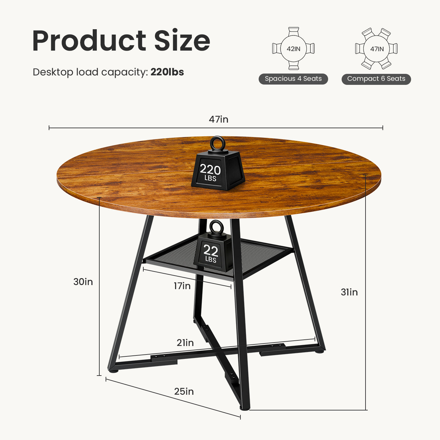 Round Table, Suitable For 4 To 6 People, A Space-saving Kitchen Table