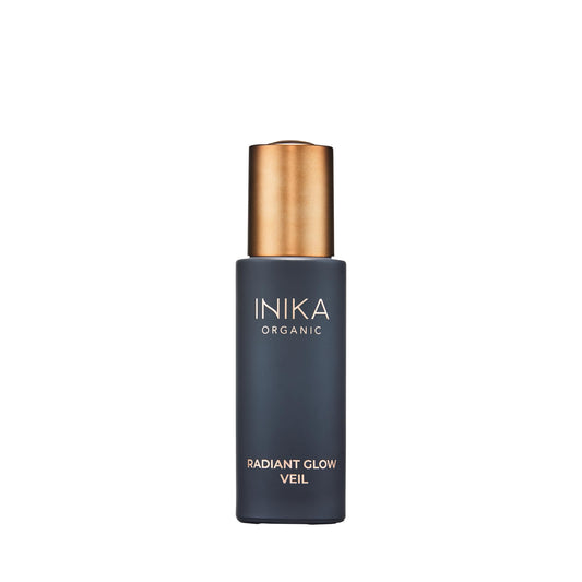 INIKA Organic Radiant Glow | Illuminate & Prime. Dewy, radiant Finish. Beautifying Primer, Nourishing Moisturiser, Finishing Highlighter. 100% Natural, 72% Organic Ingredients. Alcohol Free. 30mL