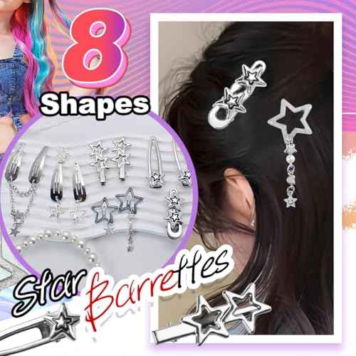 10 Pcs Silver Hair Clips Metal Star Barrettes, 8 Shapes Hairpin Barrettes, Goth Hair Pins Set, Punk 2000s Hair Accessories for Women and Girls Styling Star Hairpin (10 PCS)