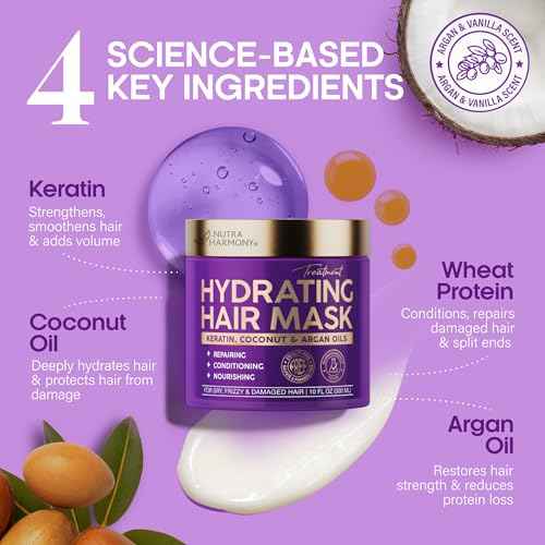 NUTRAHARMONY Hydrating Hair Mask for Dry, Frizzy & Damaged Hair ? Deep Conditioning Keratin Treatment with Argan & Coconut Oils, Collagen & Biotin ? Repairing, Anti-Frizz Hair Mask for Women, 10oz