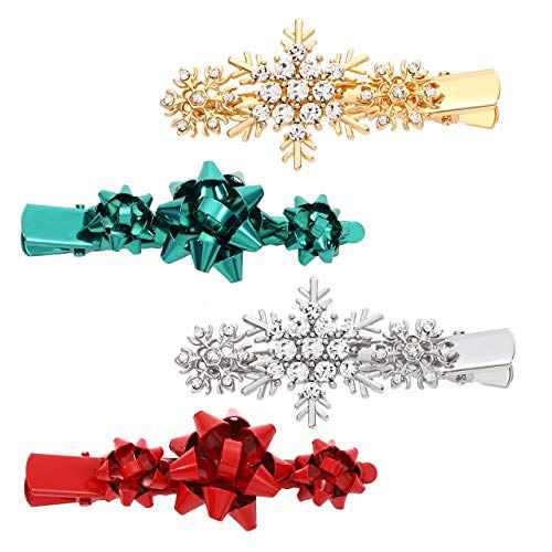 4pcs Christmas Hair Clips for Women Girls Xmas Present Bow Hair Pins Crystal Christmas Snowflake Hair Barrettes Holiday Jewelry Ornament New Year Gift