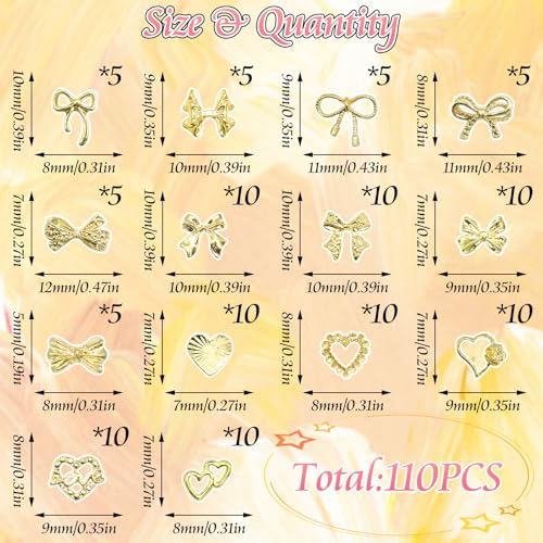BELICEY 110Pcs Bow Heart Nail Charms Gold 3D Metal Bow Charm for Nails Flatback Heart Bowknot Nails Decoration Cute Nail Bows for Women Manicure DIY Nail Art Design Crafts
