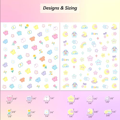 10 Sheets of 3D Nail Stickers - 719 Cute Nail Decals - Embossed Nail Stickers for Kids | Kawaii Theme - Butterfly, Flowers, Cats, Bunny, Stars, Fruits | Glow in The Dark