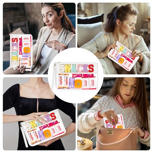 Clear Zipper Pouch PVC Waterproof Nylon Makeup Letter Bag for Women Girls Chenille Letter, for Travel, Cosmetic Bag, Snack Bags, Clear Stuff Bags, For Travel,£¨White-Snacks£©