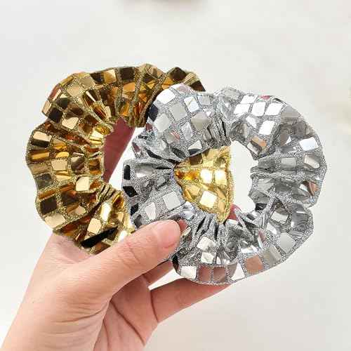 4-Pack Disco Scrunchies, 3.94 Inches Sparkly Sequin Scrunchies Set for Women, Gold Silver