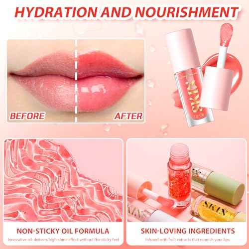 2Pack Big Brush Head Hydrating Lip Glow Oil Plumping Lip Tint, Hydrating Lip Gloss Tinted Lip Balm Transparent Lip Care, Long Lasting Nourishing Non-sticky Fresh Texture (Strawberry + Raspberry)