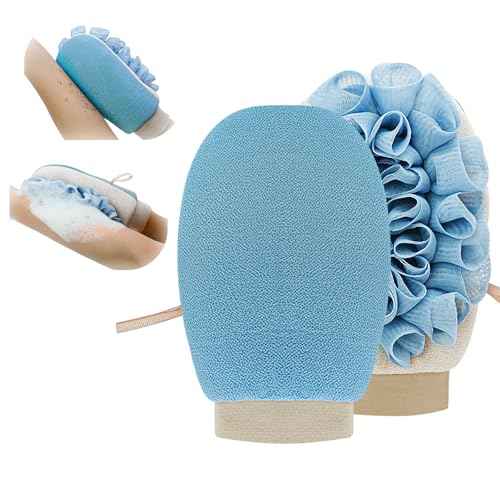 ?Dual-Function Exfoliating Glove for Shower- Body Scrubber & Shower Loofah 2-in-1 - Korean Exfoliating Mitt for Remover Dead Skin and Keratosis - Smooth Skin - Blue (1-Pack)