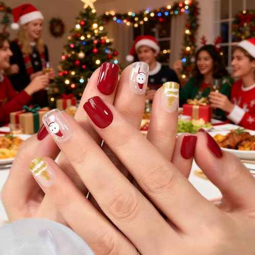 Christmas Snowman Press On Nails with Pre-design Golden Glitter Tree Short Squoval False Nail Art Tips Salon DIY Reusable Acrylic Manicure Gifts Stick On Fake Nails for Women Girls