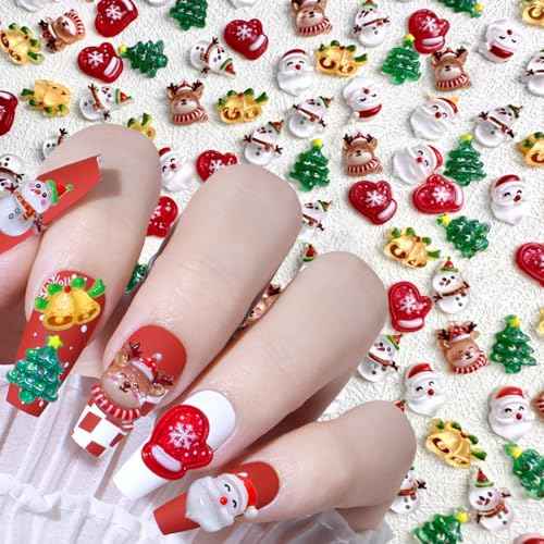 60pcs 3D Cartoon Christmas Nail Charms, Cute Elk Snowman Christmas Nail Art Charms Santa Claus Nail Charm Xmas Tree Gloves Christmas Bells Resin Charms for Nails Kawaii Nail Charms Nail Accessories