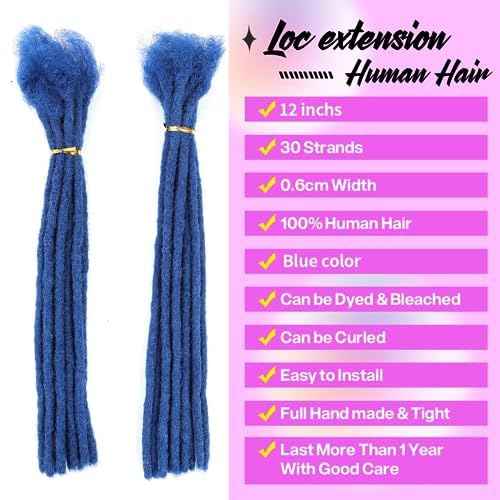 6-18 Inch Dreadlock Extensions Human Hair Fully Handmade Human Hair Dreadlock Extensions for Man/Women Locs Extensions Human Hair Can Be Dyed Bleached Curled… (0.6CM Width-blue, 12Inch-30Strands)