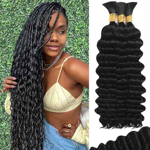Human Braiding Hair for Boho Braids Human 110g 20 Inch Curly Boho Hair for Braiding Knotless 12A Deep Wave Bulk Bohemian 3 Bundles/Pack Natural Color