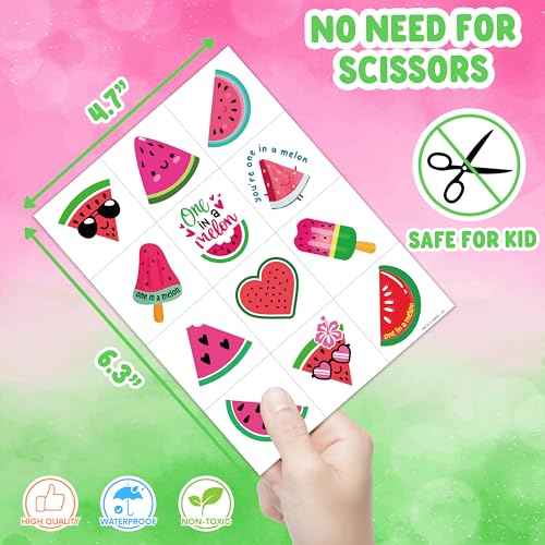 Melon Pre-Cut Temporary Tattoos 8 Sheets 96PCS Watermelon One First Party Decorations Supplies Favors First Summer Theme Birthday Stickers Christmas Gifts for Boys Girls Class School Prizes Carnival