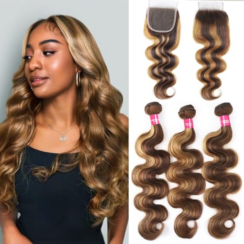 Highlight Bundles with Closure Human Hair Body Wave P4/27 Honey Blonde Brown Bundles with Highlights human hair 10A Brazilian Body Wave with Closure 16 18 20+16inch