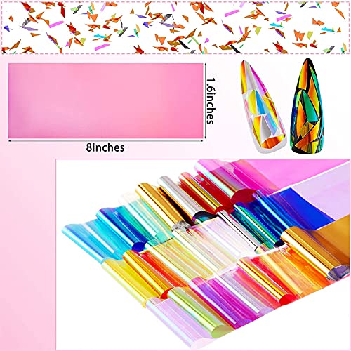 100 Pieces Iridescent Nail Art Glass Paper Cellophane Holographic DIY Mixed Colors Broken Glass Paper Reflective Mirror Foils Nail Art Stickers Dichroic Film Designs