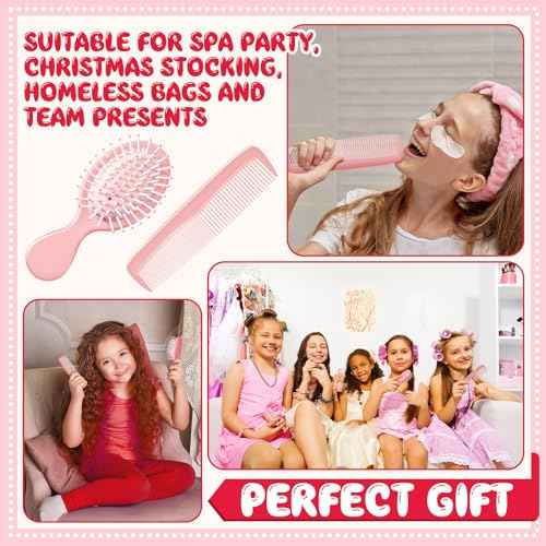 24 Pcs Mini Hair Brush Set 12 Travel Wet Dry Hair Combs Small Pocket Detangling 12 Plastic Combs for Spa Birthday Sleepover Bridal Shower Bachelorette Christmas Party Gift Box(Pink)