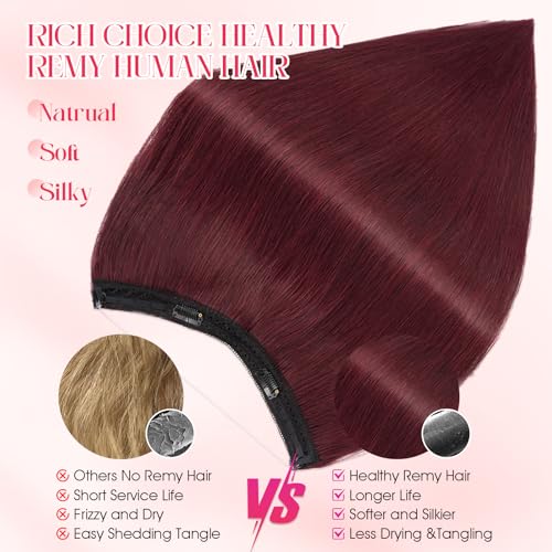 Rich Choices Halo Hair Extensions Real Human Hair Invisible Wire In Hair Extensions Remy Human Hair Clip in Human Hairpiece One Piece 18 Inch #99J Burgundy Red