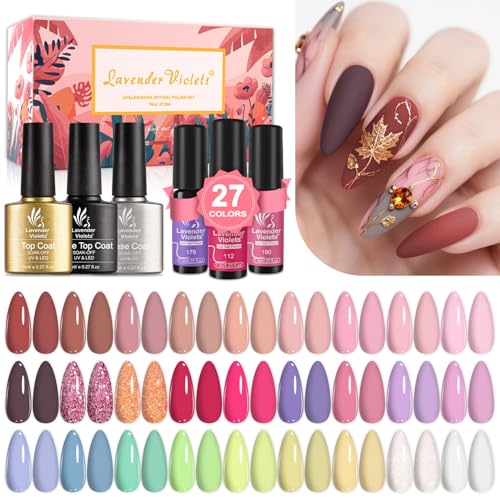 Lavender Violets 30pcs Gel Nail Polish Set 27 Shiny Candy Colors with Base and Glossy & Matte Top Coat for Home Nail Art Design DIY Gift Set C974