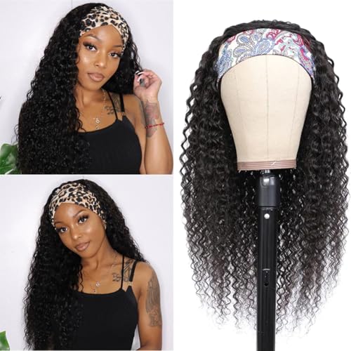 WENYAN Headband Wig Human Hair Deep Wave 20 Inch Wigs for Black Women Glueless None Lace Front Curly Wave Wig Brazilian Virgin Hair Wear and Go Wigs Machine Made 150% Density Natural Color