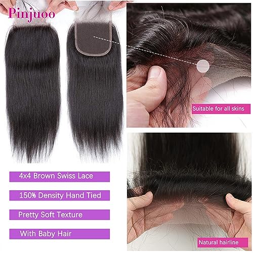 Straight Bundles with Closure (18 20 22+16 Inch) 100% Unprocessed Brazilian Remy Hair Weave 3 Bundles with 4x4 HD Lace Closure Free Part Natural Black Color Hair Extensions for Women