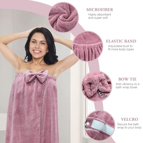 Women Microfiber Bath Towel Wrap - Adjustable Soft Body Wraps Dress with Hair Towel for Shower After Body and Head Cover, Super Absorbent to Quick Drying Hair and Body, Purple