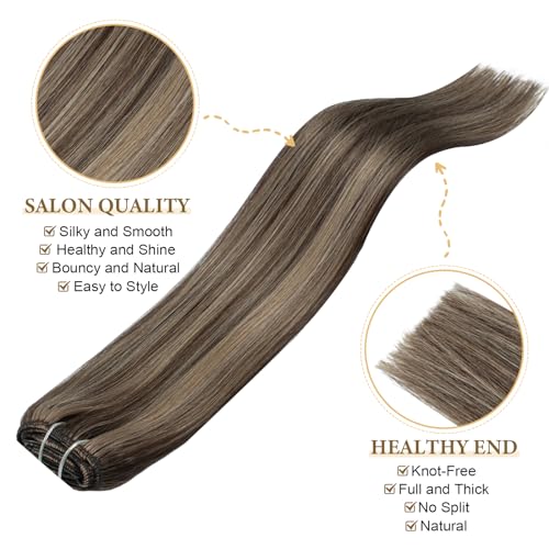 Clip in Real Human Hair Extensions for Women Straight Long Natural Clip on Real Human Hair Extensions Double Weft Chocolate Brown To Caramel Blonde Remy Brazilian Clip ins Hair 22 Inch 60G 5 PCS