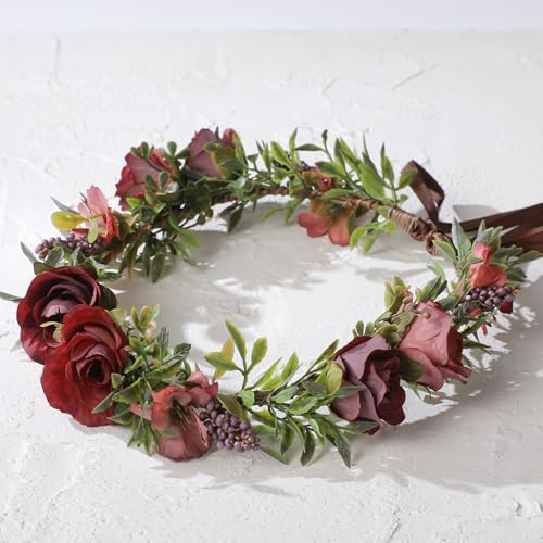 Fairy Flower Crown Headband - Red Purple Rose Floral Headpiece with Ribbon Forest Flower Headbands for Women Girls Renaissance Costume Cosplay Wedding Festival Party Headdress