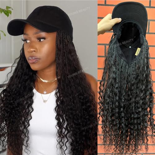Boho Box Braids Hat Wigs with Human Hair Curly Ends Grab-and-Go Boho Braided Hair Extensions with Baseball Cap for Women Natural Black