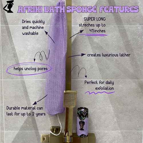 AFRIKI African Net Sponge ? Exfoliating Body Scrubber, Black Owned & Rooted in Africa, All Skin Types | 45 in Long (Lilac)