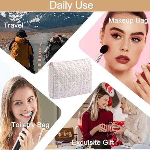 Large Travel Makeup Bag Cosmetic Bag for Women Girls, Cute Large Floral Cotton Cosmetic Bag, Zipper Toiletry Bag Makeup Brushes Accessories Organizer Storage Bag (Pink Floral)