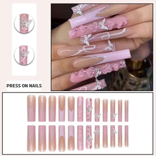 French Press on Nails Pink Fake Acrylic Long Nails Square Flower Full Cover Fake Nails for Women and Girls 24PCS