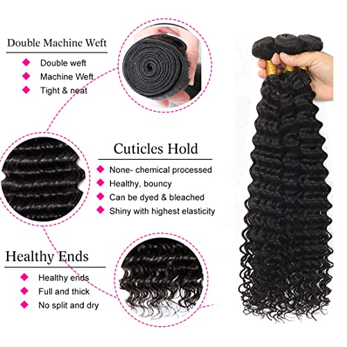 3 Bundles with Closure Human Hair (14 16 18+12 Closure) Deep Wave Bundles with Closure 100% Unprocessed Brazilian Virgin Remy Hair 4x4 Lace Closure with Baby Hair Free Part Pre Plucked for Black Women