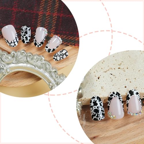IMRAIN Press on Nails Short Oval Fake Nails with Cow Pattern & Rhinestone Designs Glossy Glue on Nails Extra Short Round Full Cover Black White Stick on False Nails for Women Girls 24Pcs