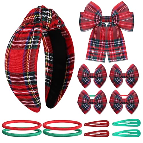 14PCS Christmas Headband Hair Bows for Women Girls Red Plaid Hair Clips Red Green Xmas Hair Ties Holiday Hair Accessories Christmas Party Gifts