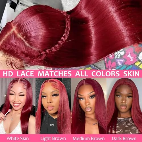 24Inch Burgundy Wig Human Hair 13X4 99J Burgundy Straight Lace Front Wigs Human Hair Pre Plucked 200% Density HD Transparent Glueless Red Burgundy Straight Wigs Human Hair for Women with Baby Hair