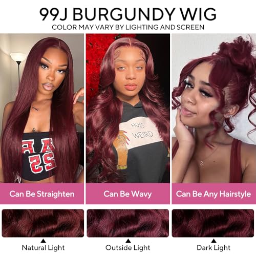 SUPERNOVA 99J Burgundy Lace Front Wigs Human Hair 4x4 HD Body Wave Wigs with Baby Hair 180% Density Red Wine Colored Wigs for Women 16 Inch